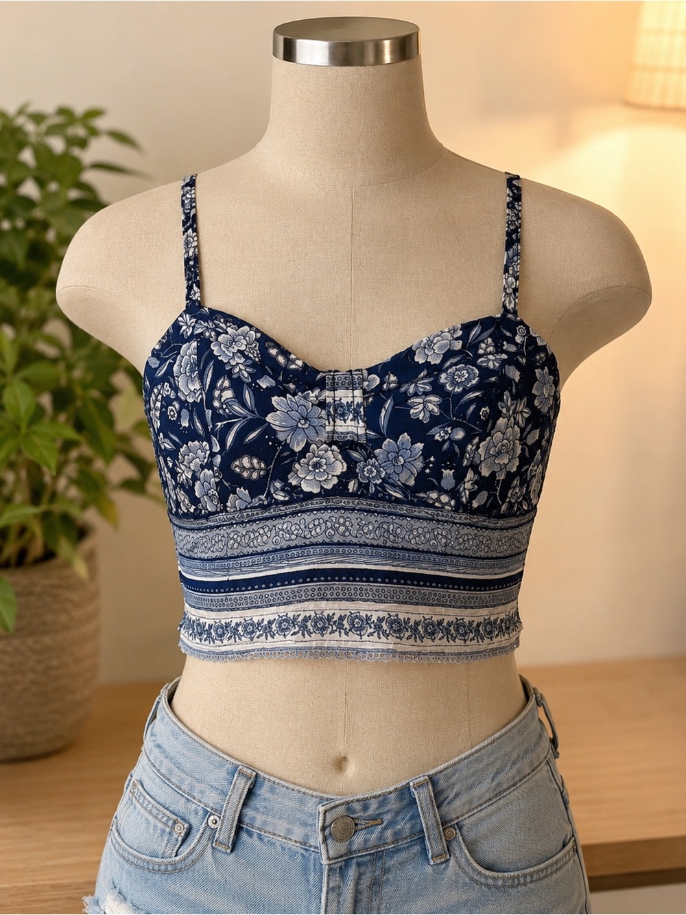 Floral Navy Blue Crop Cami Top xs